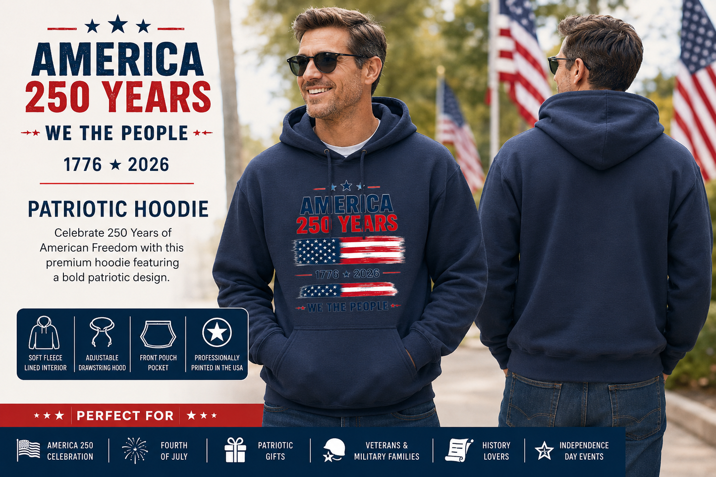 America 250 Years Patriotic Hoodie | We The People | 1776–2026