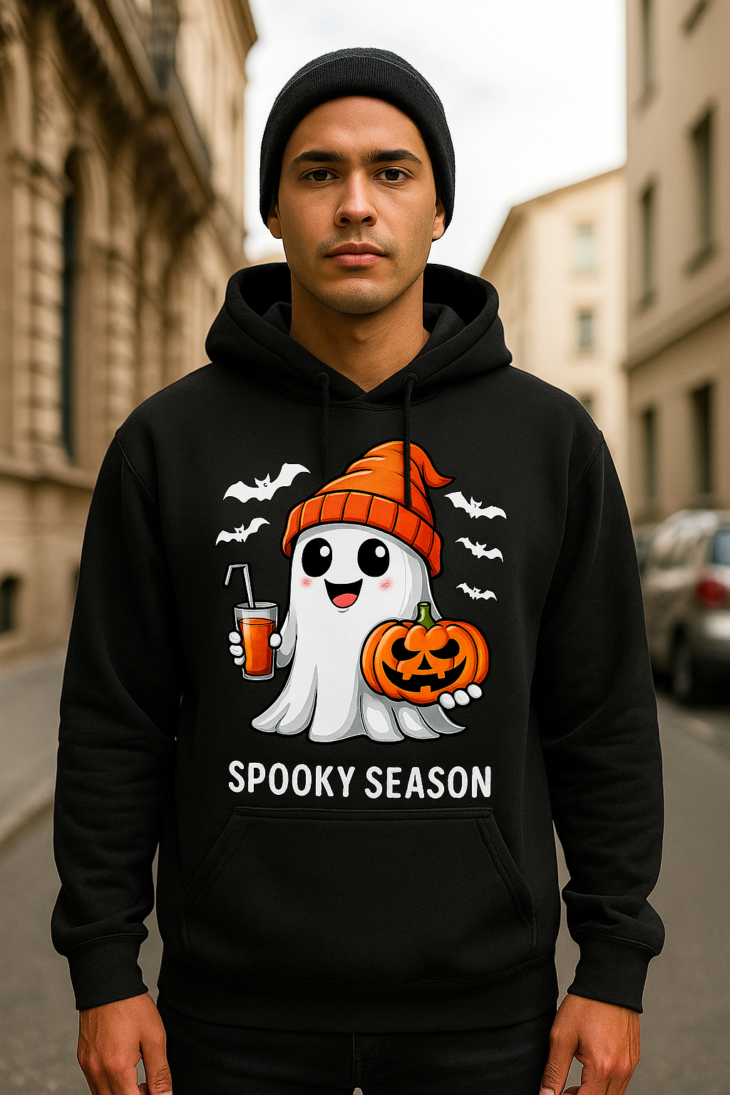 Spooky Season Hoodie -- Cute Ghost with Pumpkin & Coffee
