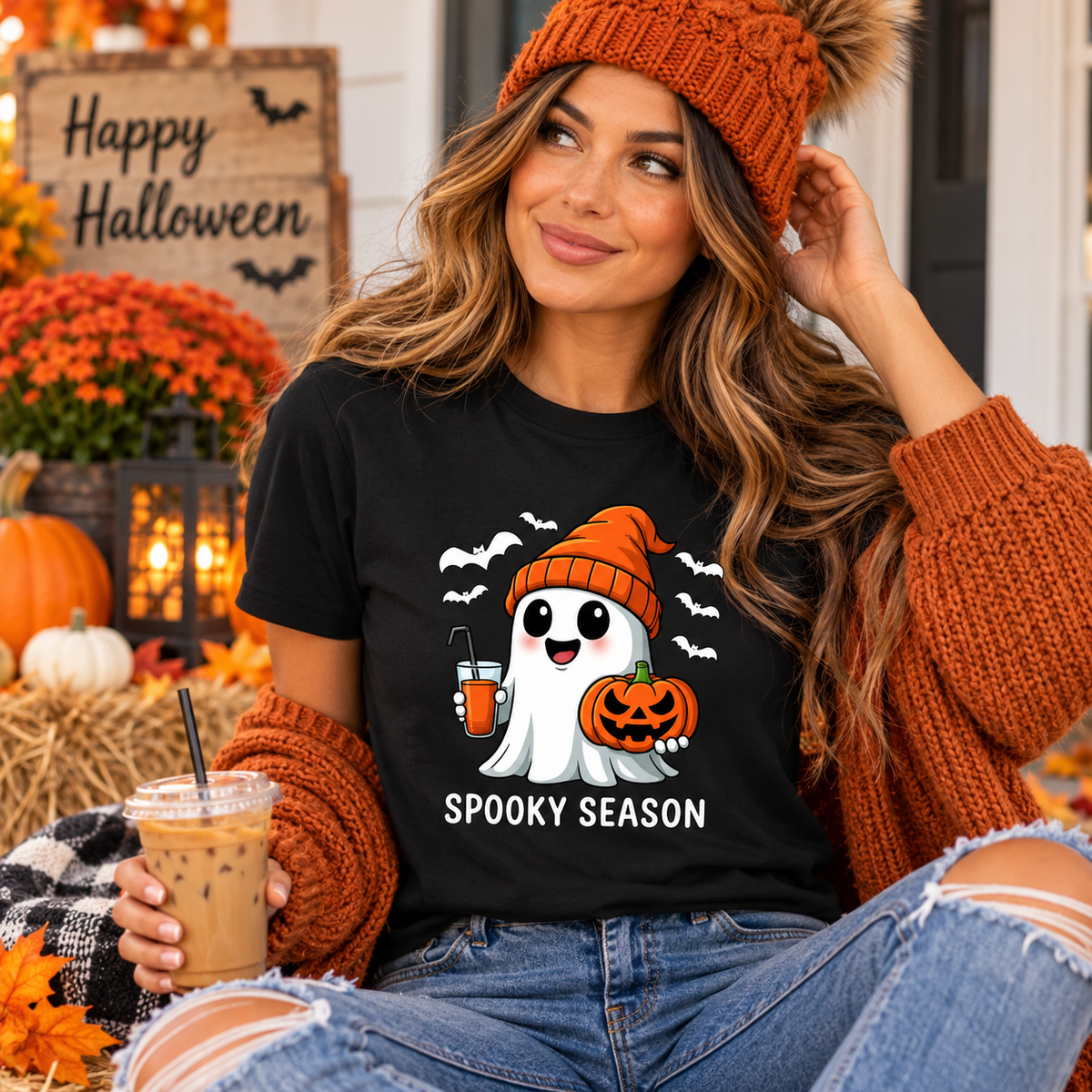Spooky Season Ghost & Pumpkin Coffee Halloween Unisex T-Shirt – White Bats Edition