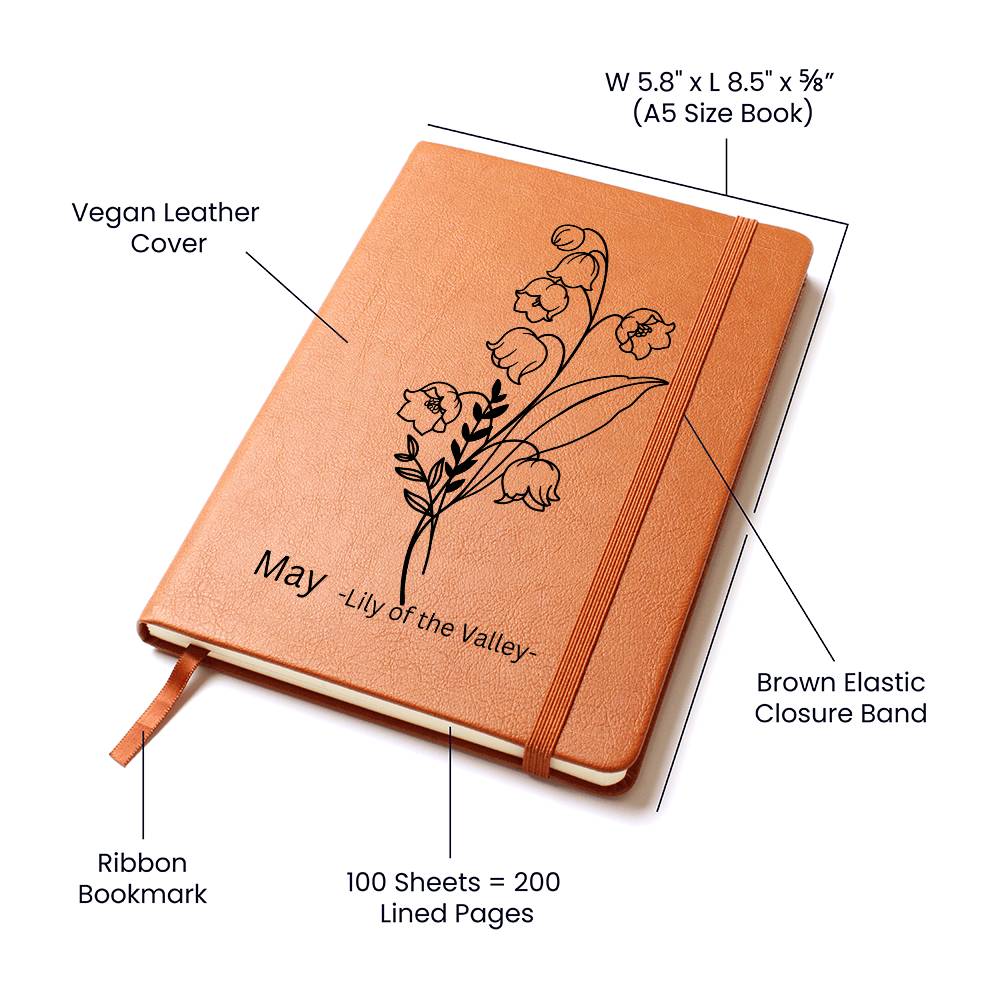 Graphic Leather Journal, May Birth Month Flower, Lily of the Valley