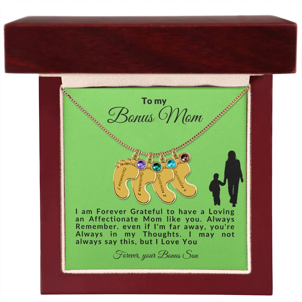 To My Bonus Mom | I'm Forever Grateful | Custom Baby Feet Necklace/Birthstone