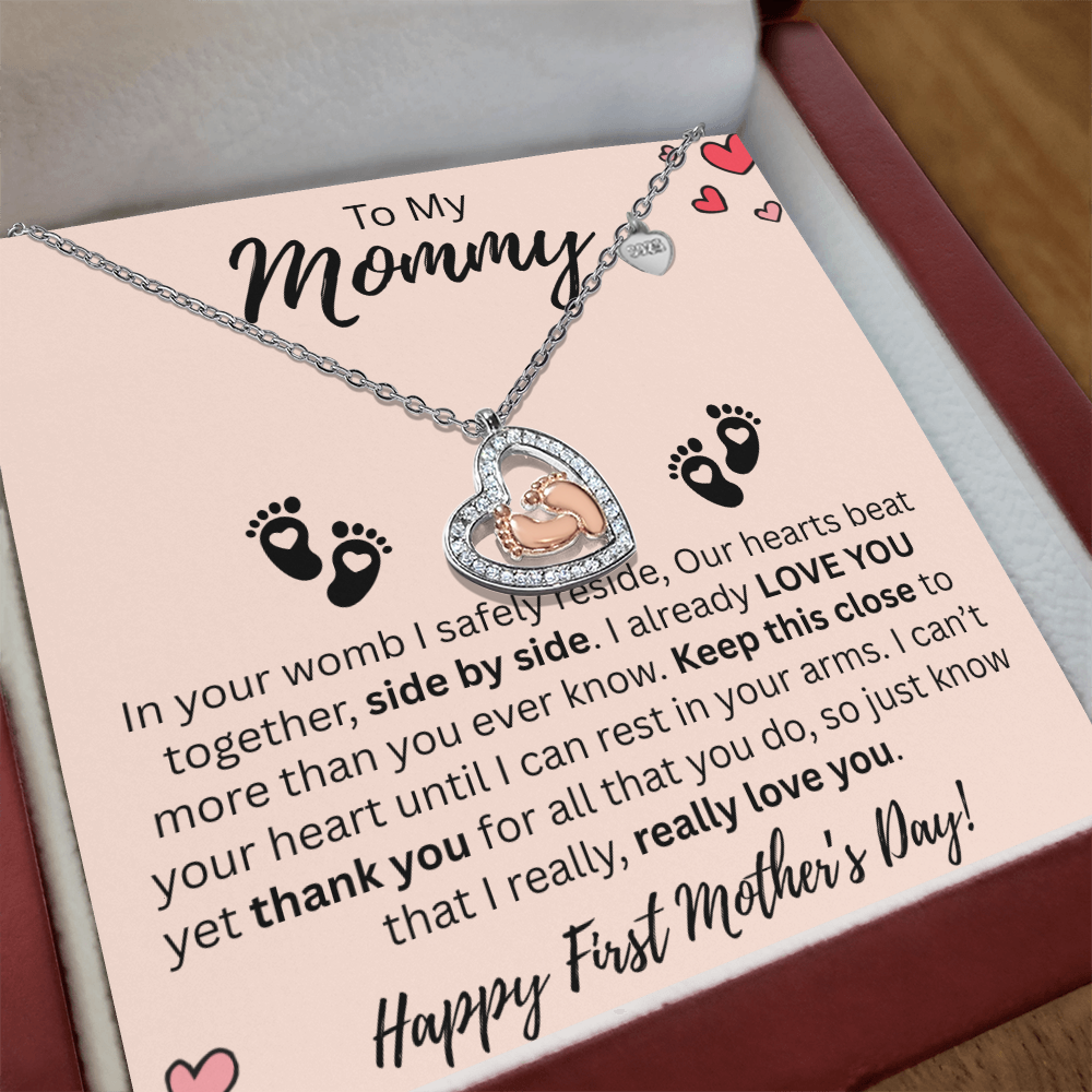 Mommy to be Gift - Baby Feet Necklace - Our Heart Beats as One