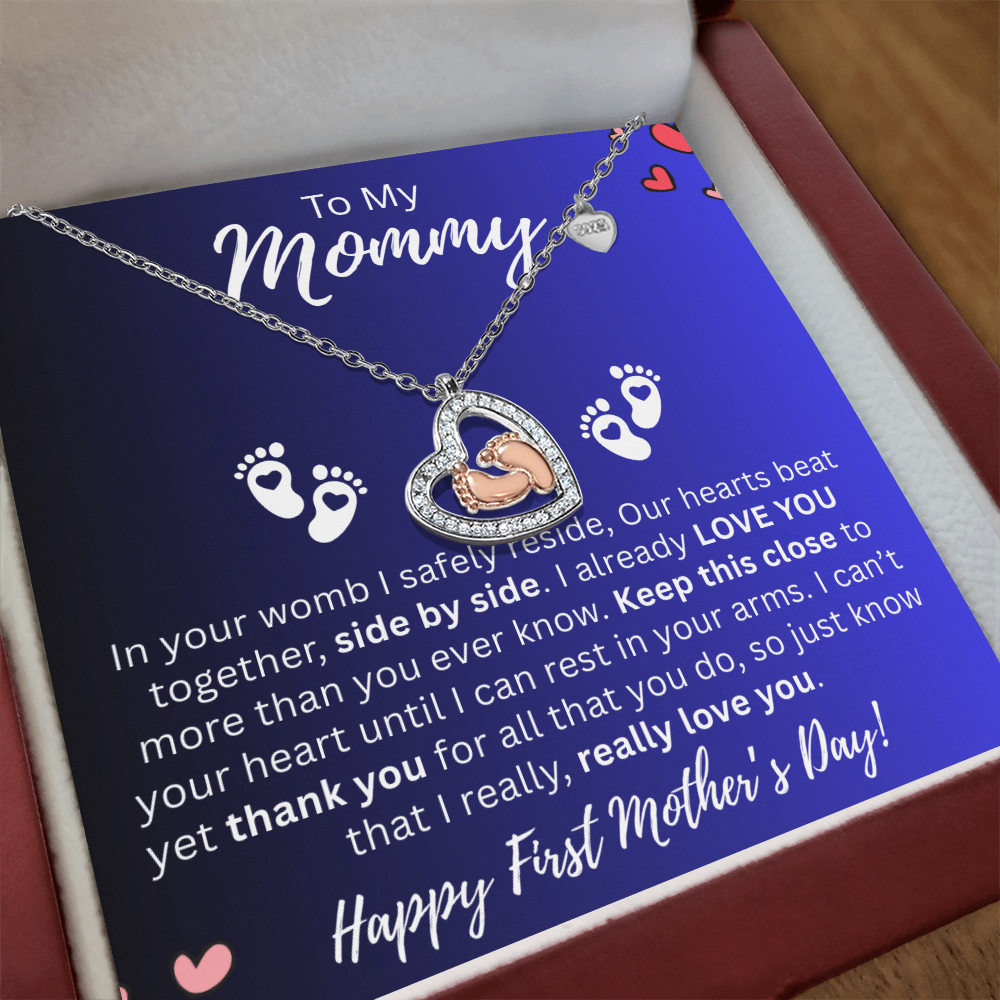 Mommy to-be Gift- Baby Feet Necklace- Our Heart Beats as One