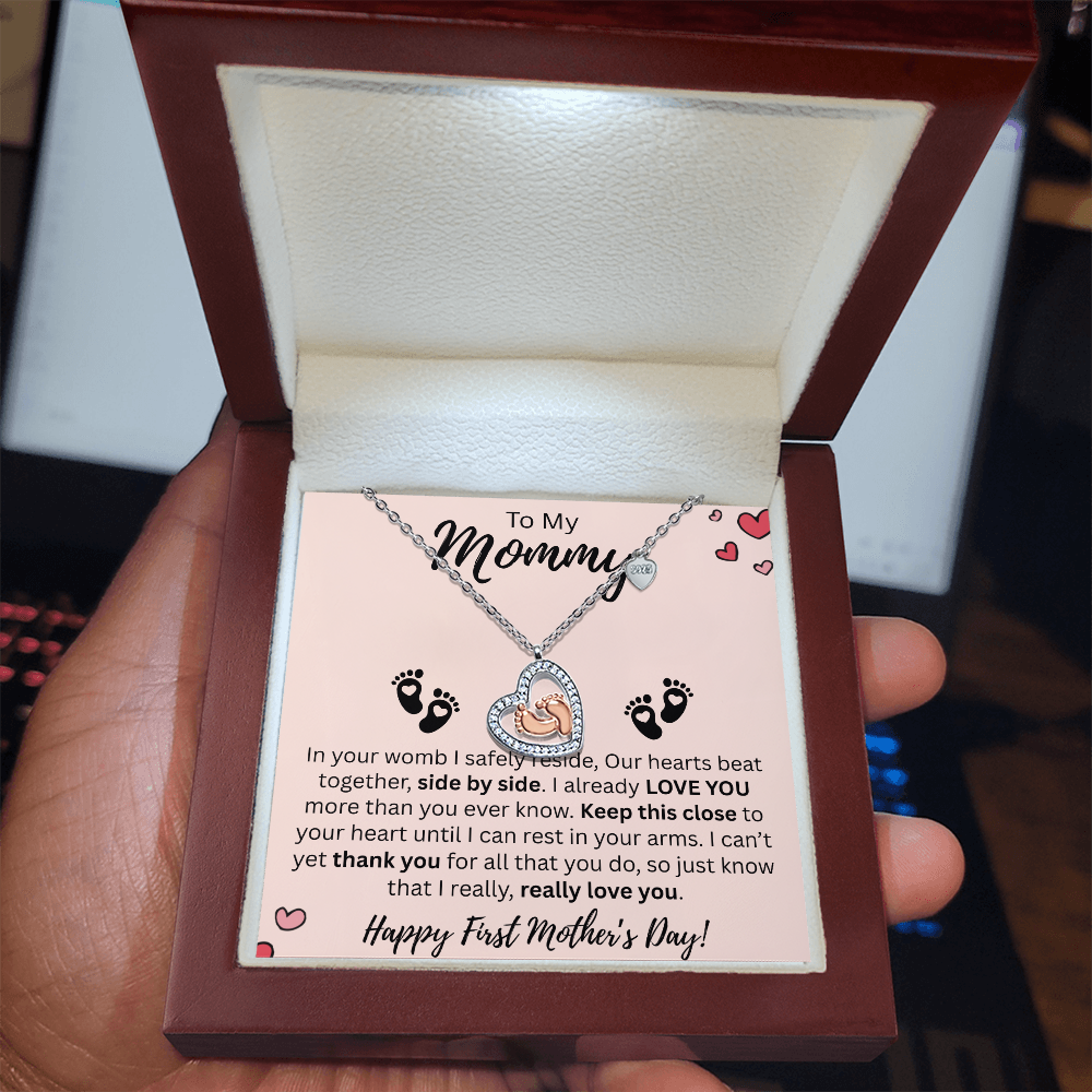 Mommy to be Gift - Baby Feet Necklace - Our Heart Beats as One