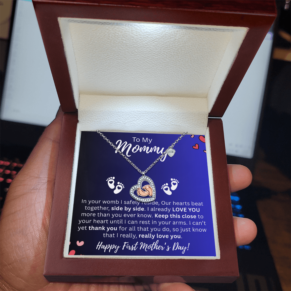 Mommy to-be Gift- Baby Feet Necklace- Our Heart Beats as One