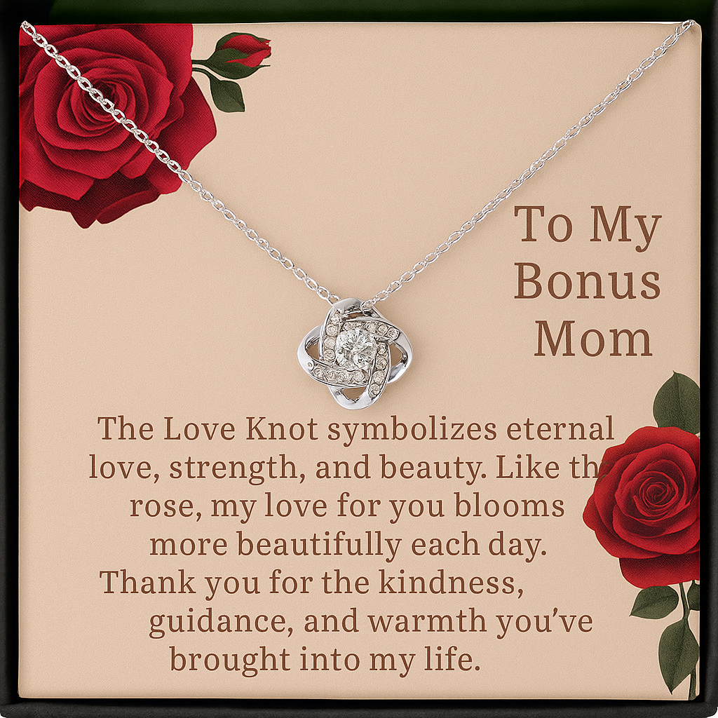 Bonus Mom Gift Love Knot Necklace — Appreciation Jewelry with Message Card