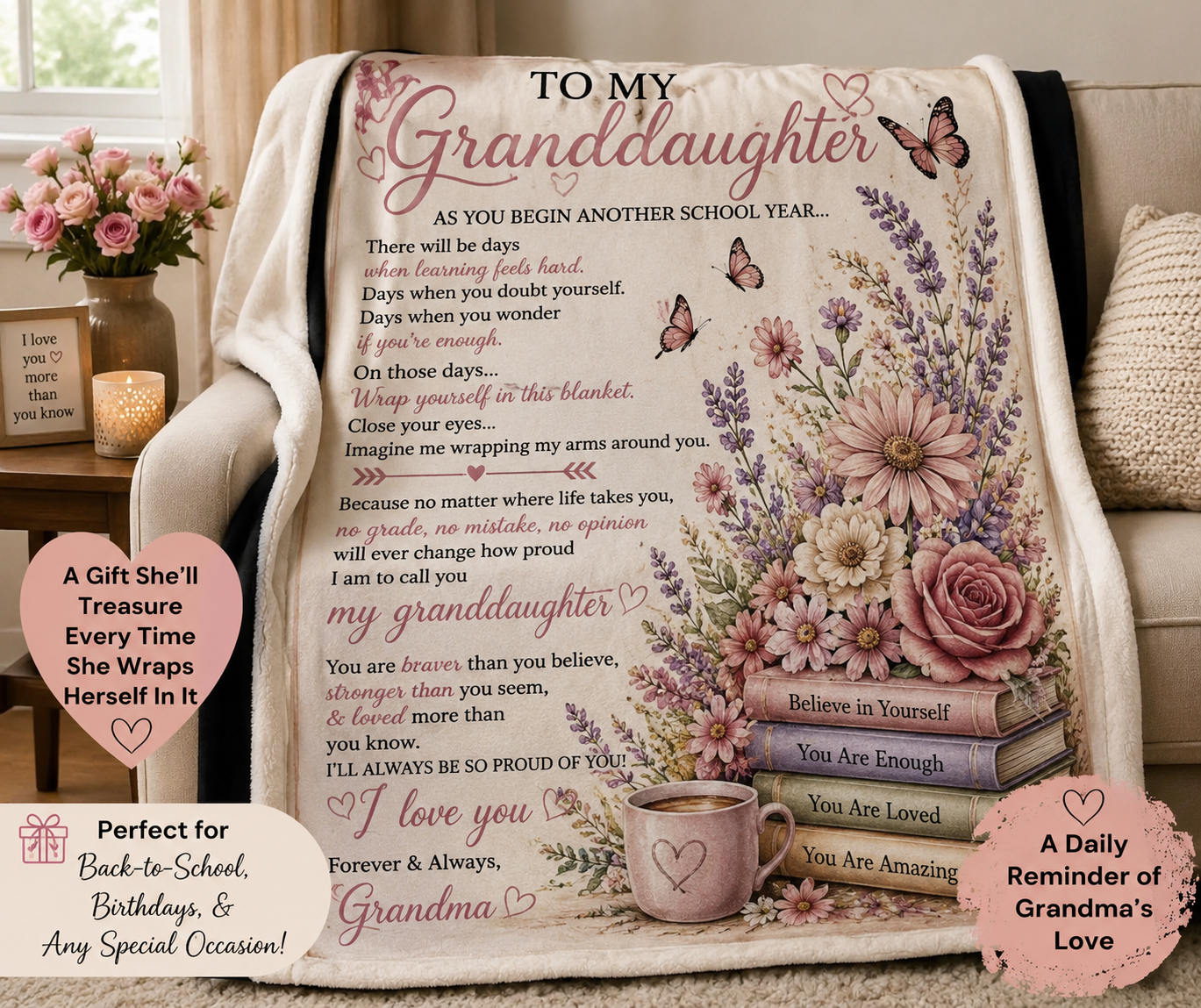 To My Granddaughter Back-to-School Blanket – Inspirational Gift from G randma –Cozy Throw Blanket