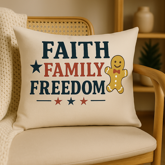 Faith • Family • Freedom Gingerbread Christmas Pillow – Cozy Americana Holiday Decor