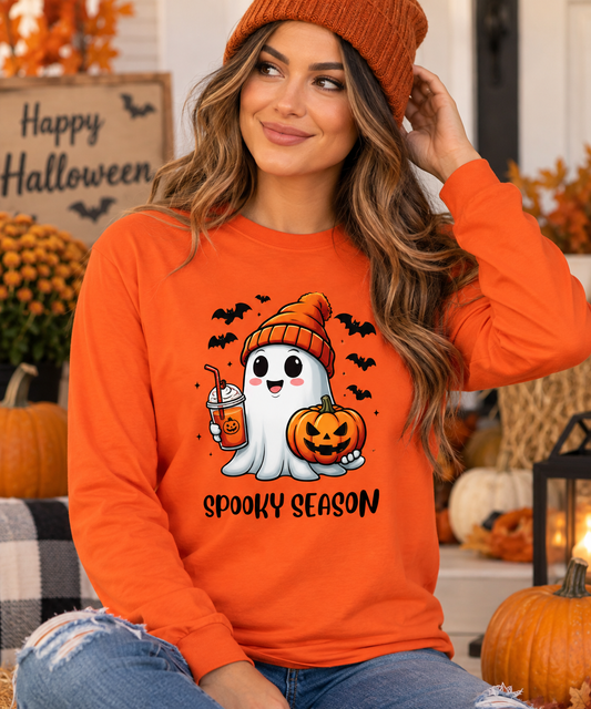 Spooky Season Ghost Coffee Long Sleeve T-Shirt – Cute Halloween Design