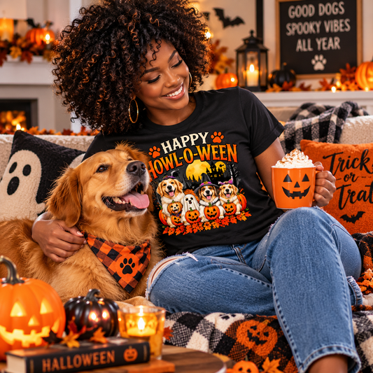 Happy Howl-O-Ween T-Shirt | Cute Halloween Dog Lovers Tee