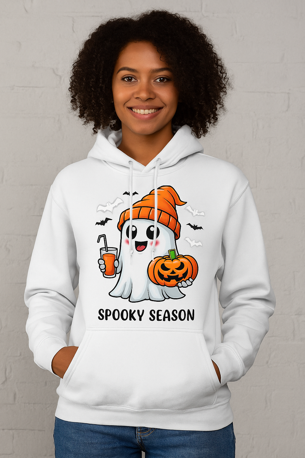 Spooky Season Hoodie -- Cute Ghost with Pumpkin & Coffee