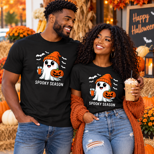 Spooky Season Ghost & Pumpkin Coffee Halloween Unisex T-Shirt – White Bats Edition