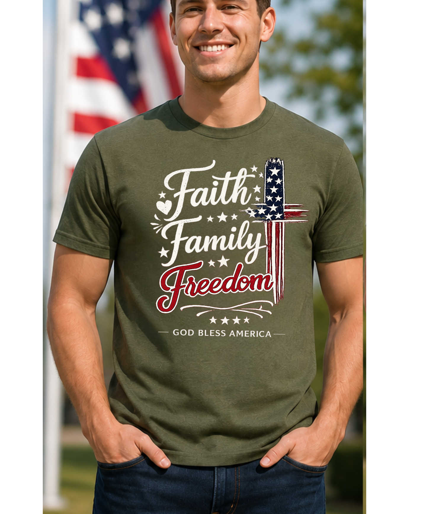 Faith • Family • Freedom Patriotic T-Shirt | God Bless America | America 250 Celebration | Christian USA Tee