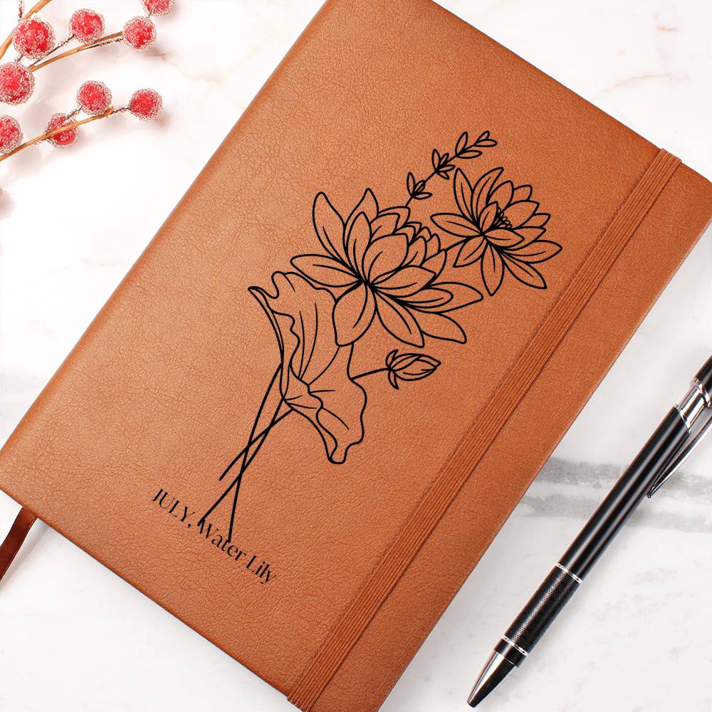 Graphic Leather Journal, July Birth Month Flower, Water Lily