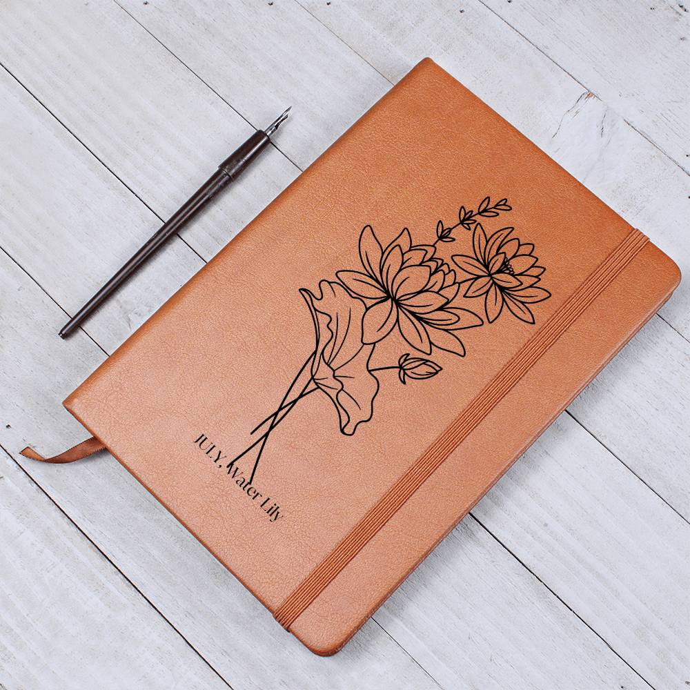 Graphic Leather Journal, July Birth Month Flower, Water Lily