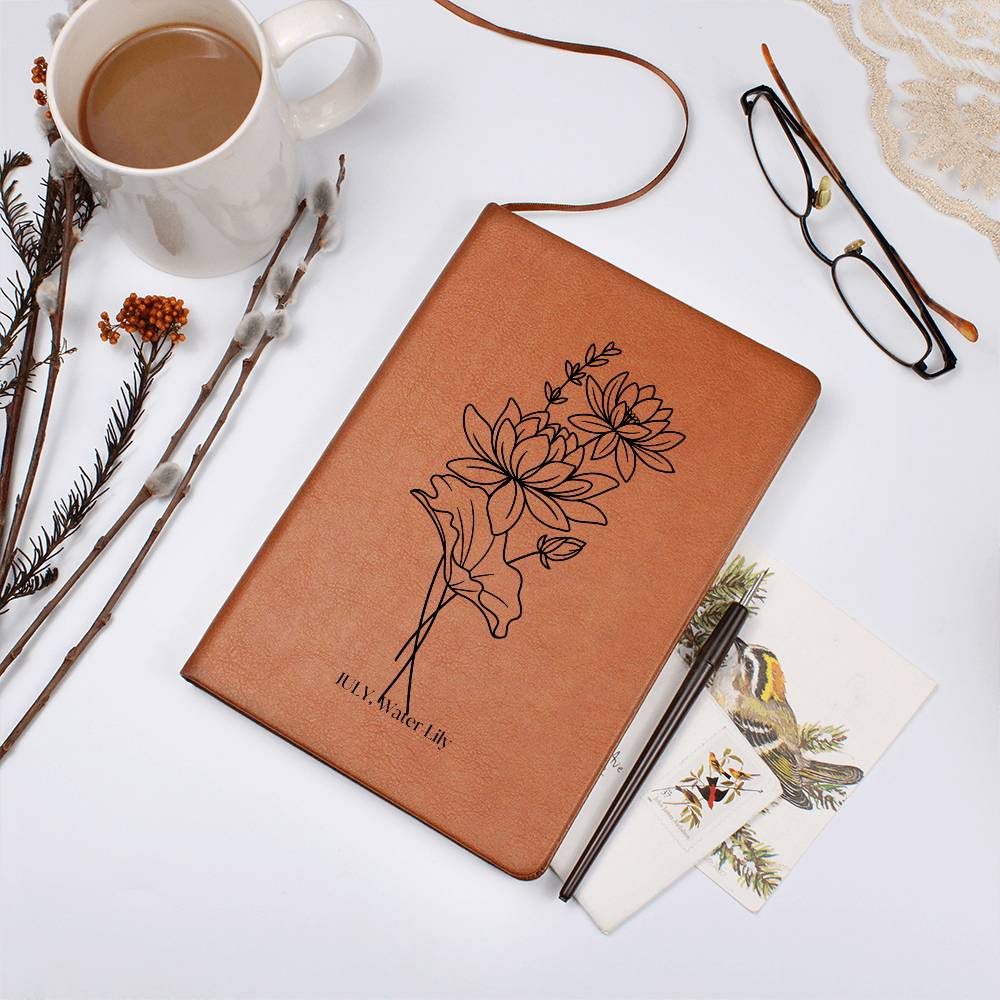 Graphic Leather Journal, July Birth Month Flower, Water Lily