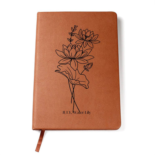 Graphic Leather Journal, July Birth Month Flower, Water Lily