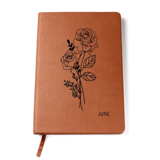 Graphic Leather Journal,  June Birth Month Flower, Rose
