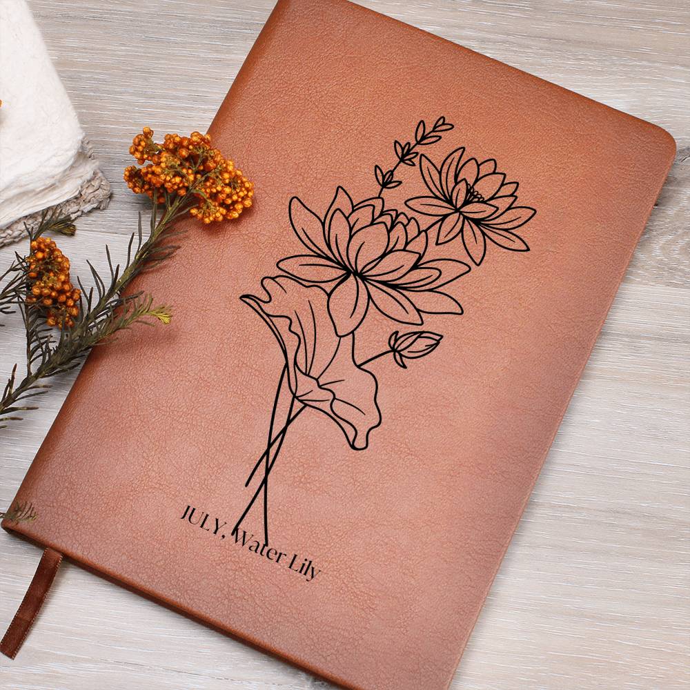 Graphic Leather Journal, July Birth Month Flower, Water Lily