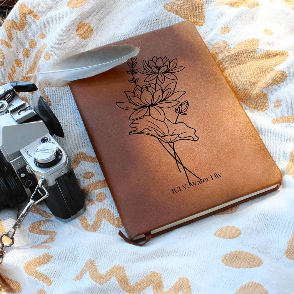 Graphic Leather Journal, July Birth Month Flower, Water Lily