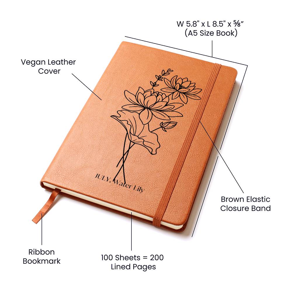 Graphic Leather Journal, July Birth Month Flower, Water Lily