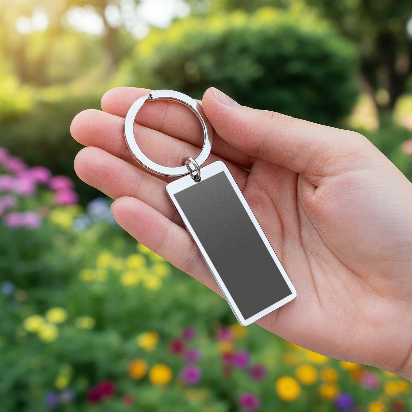 Engraved Rectangle Keychain with Birth Flower