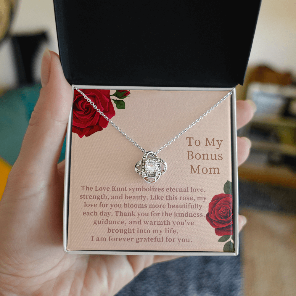 Bonus Mom Gift Love Knot Necklace — Appreciation Jewelry with Message Card