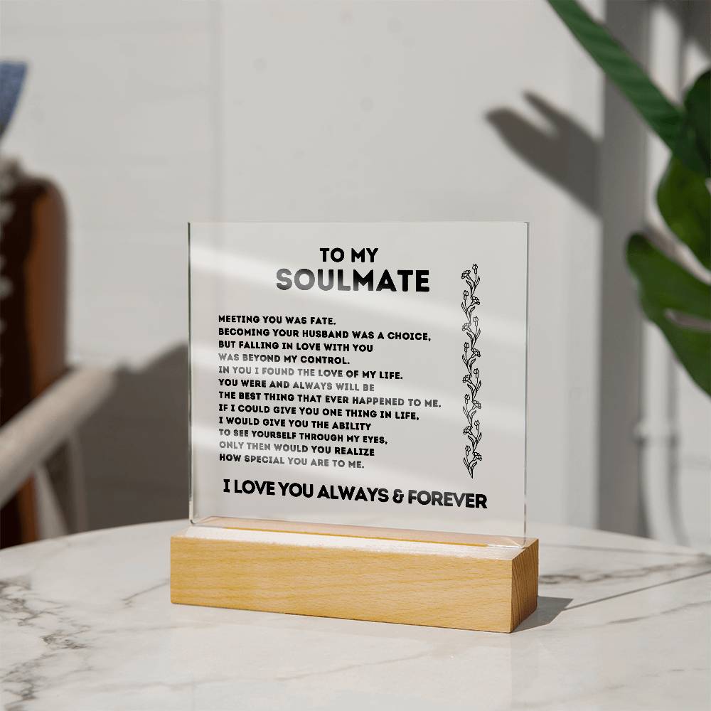 To My Soulmate, Meeting You Was Fate,  Acrylic Square Plaque.