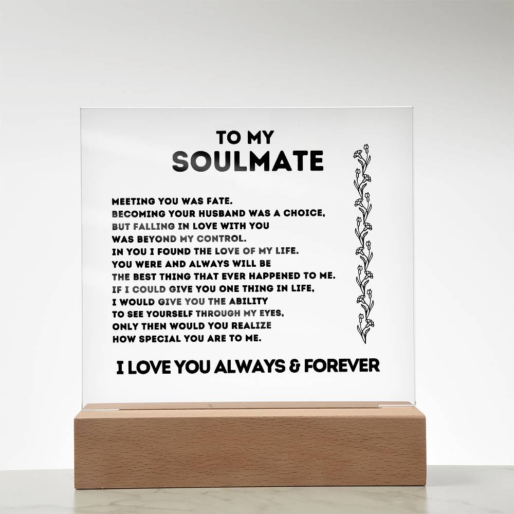 To My Soulmate, Meeting You Was Fate,  Acrylic Square Plaque.