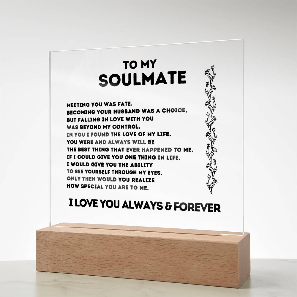 To My Soulmate, Meeting You Was Fate,  Acrylic Square Plaque.