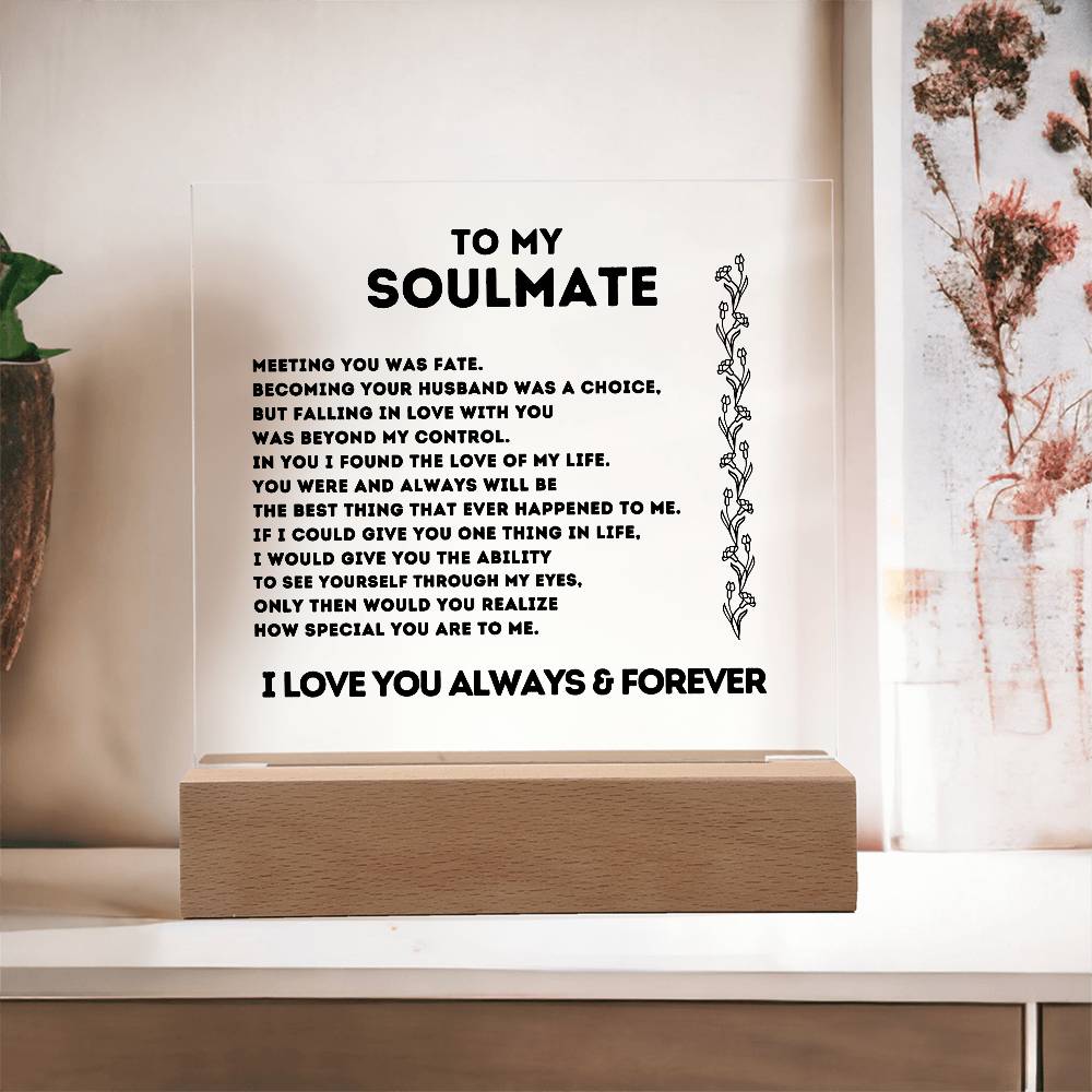 To My Soulmate, Meeting You Was Fate,  Acrylic Square Plaque.