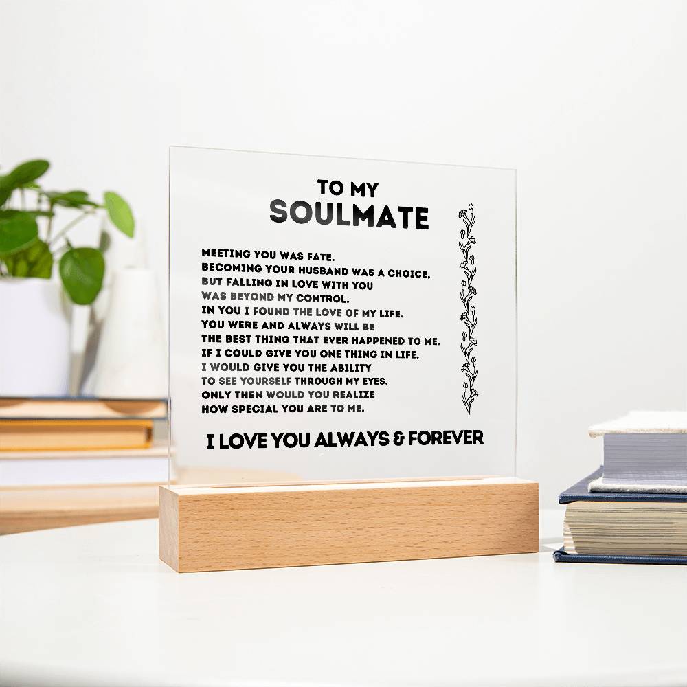 To My Soulmate, Meeting You Was Fate,  Acrylic Square Plaque.