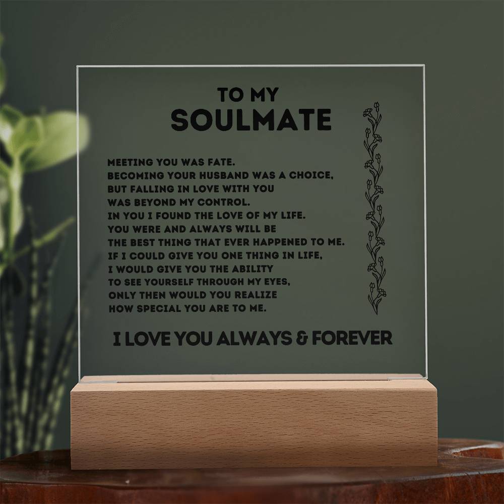 To My Soulmate, Meeting You Was Fate,  Acrylic Square Plaque.