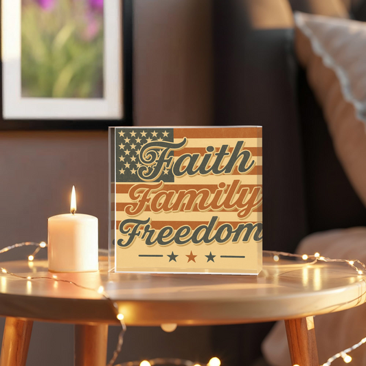 Faith, Family & Freedom – Vintage Patriotic Acrylic Block Décor (6×6)